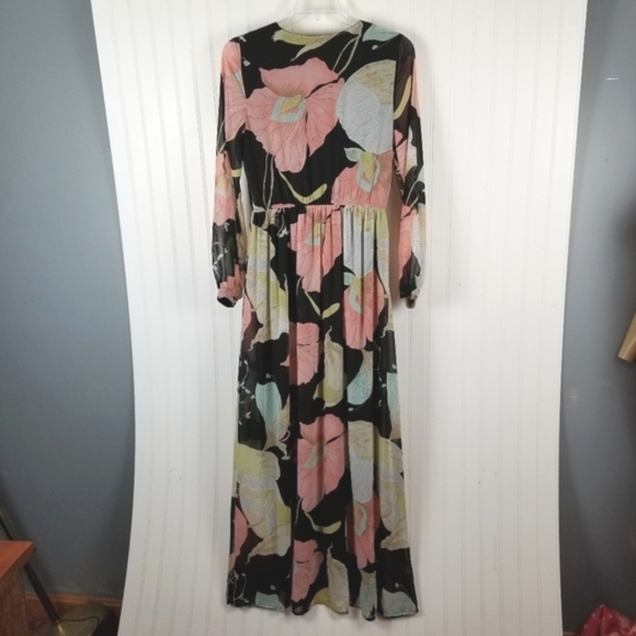 Lulus Womens Wondrous Water Lilies Maxi Dress Size Large Long Sheer Sleeves Slit - Picture 4 of 10